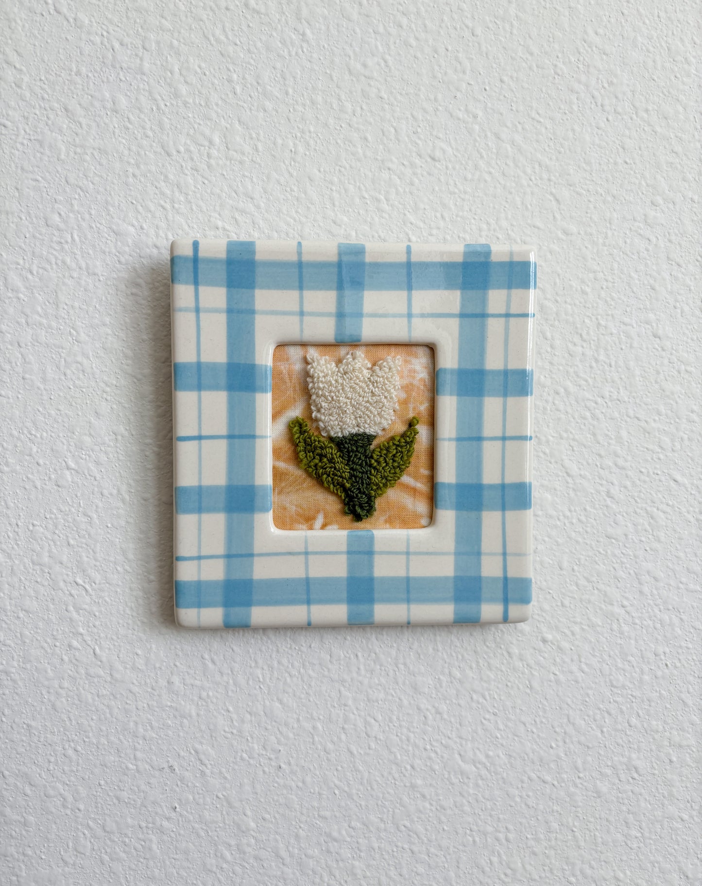 White Tulip in Blue Plaid Frame