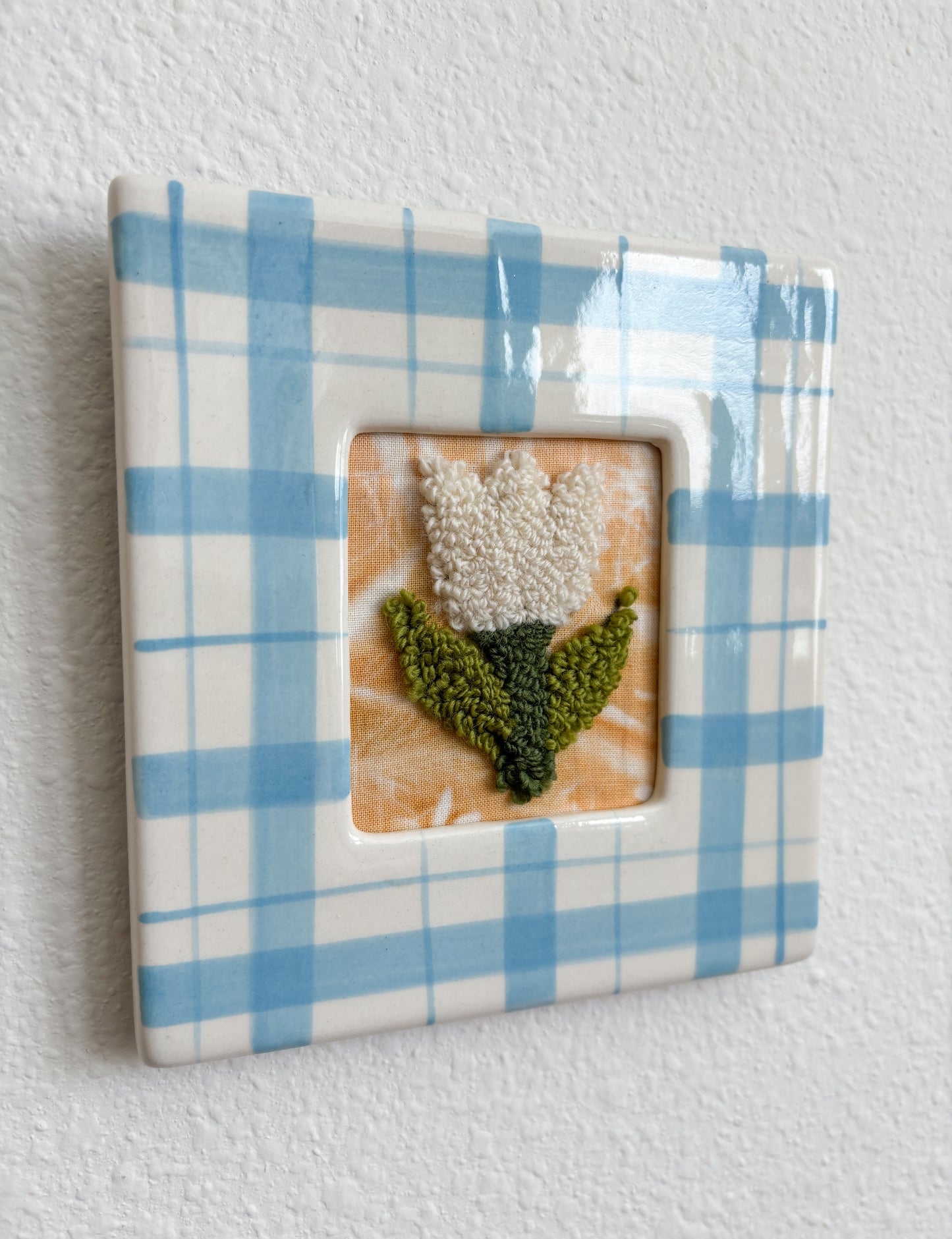 White Tulip in Blue Plaid Frame