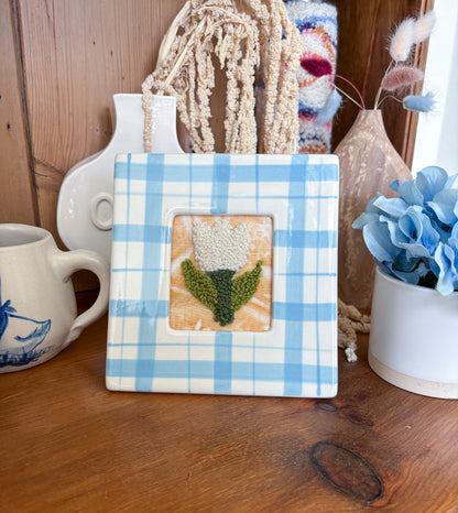 White Tulip in Blue Plaid Frame