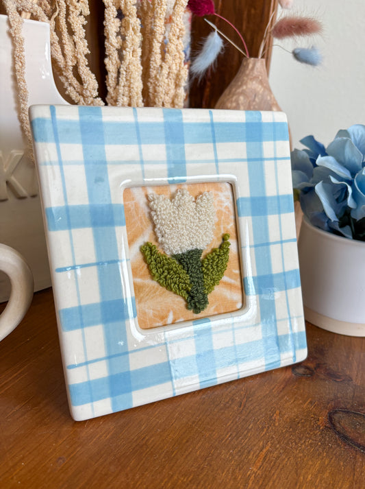 White Tulip in Blue Plaid Frame