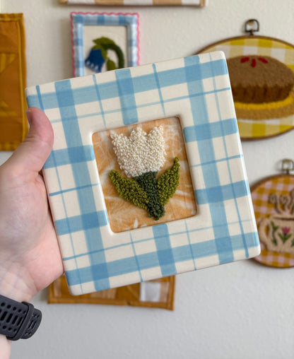 White Tulip in Blue Plaid Frame